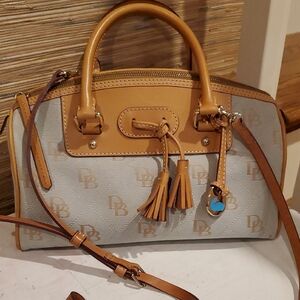 Vintage Dooney & Bourke Tassel Tan and Blue Domed Two Handle Satchel Bag